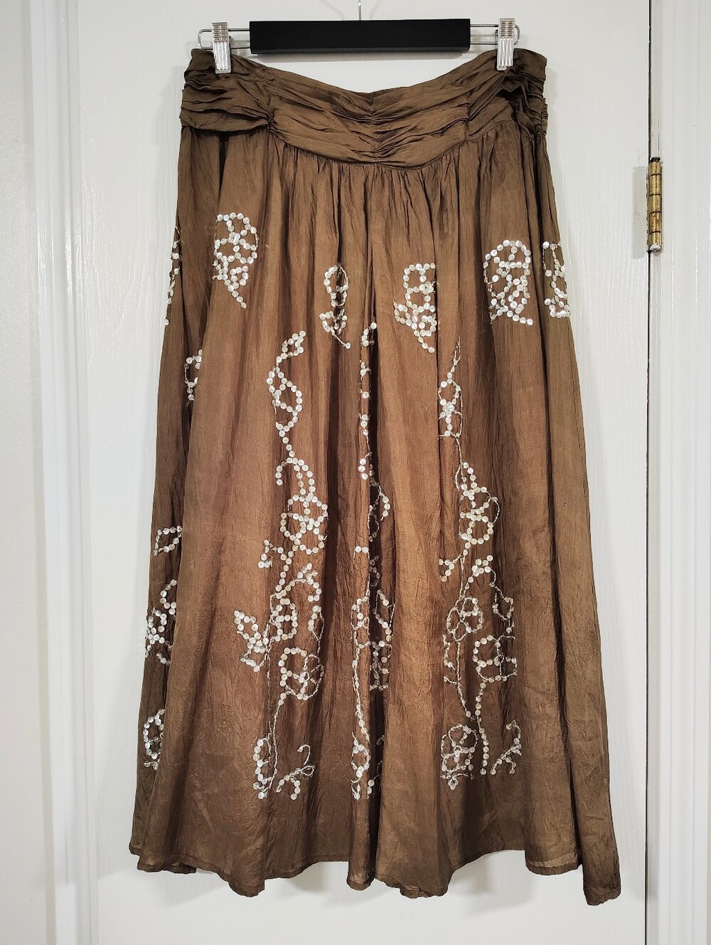 Vintage Chan Luu Silk Skirt 80s 90s Brown Silver Sequin Women's Medium Flower